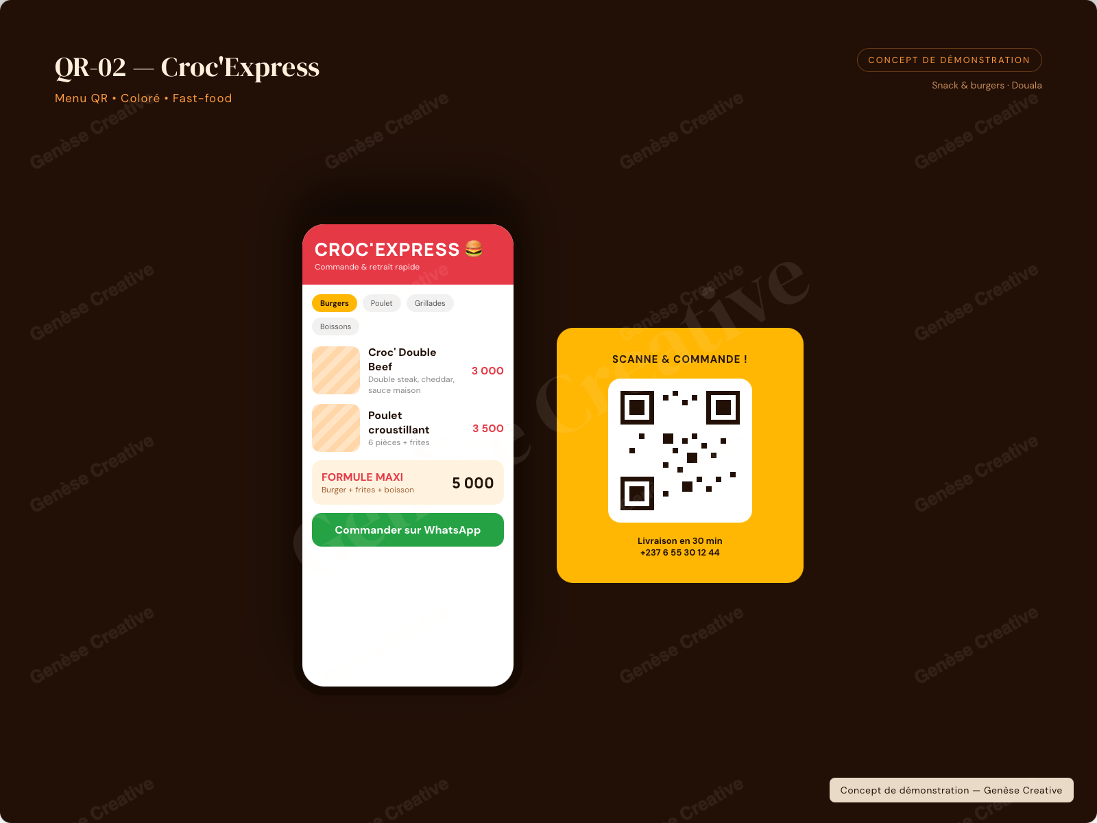 Exemple de menu QR interactif conçu par Genèse Créative